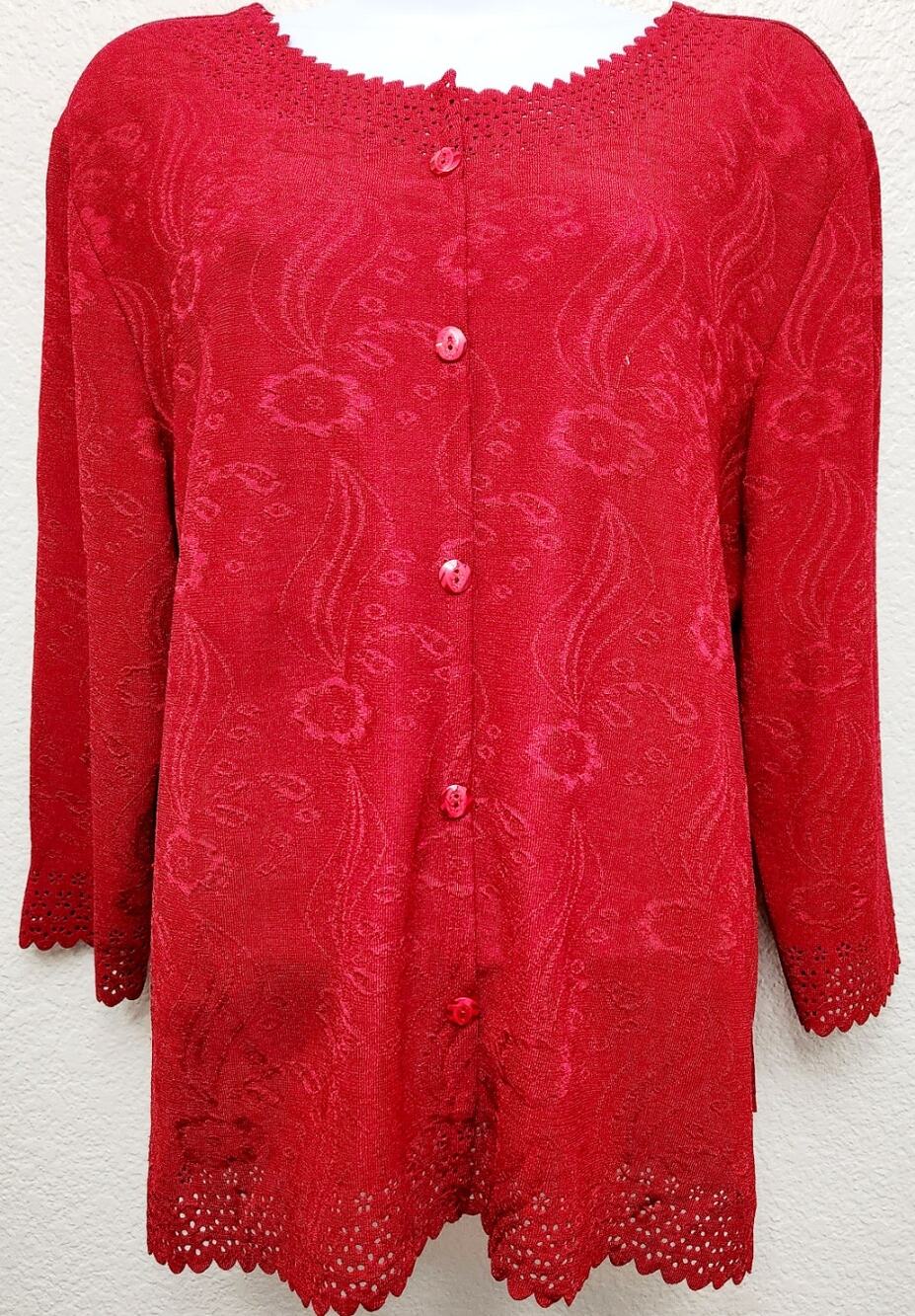 Rebecca Malone Petites Red Button Up Cardigan Sweater PXL Scalloped Hem Soft
